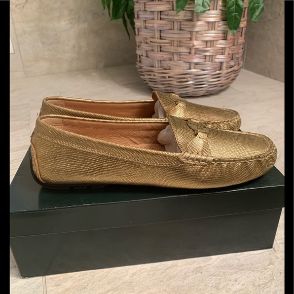 NIB Lauren Ralph Lauren Carley Antique Brass Metallic Embossed Lizard Design - Picture 4 of 10